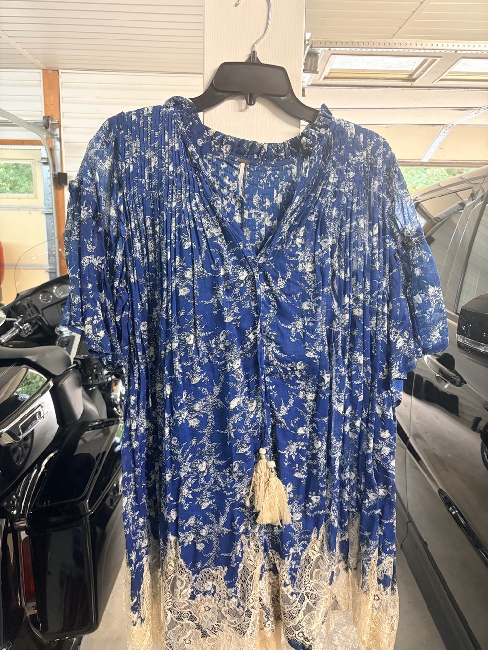 Free People Blue Floral Tassel Lace-Hem Dress